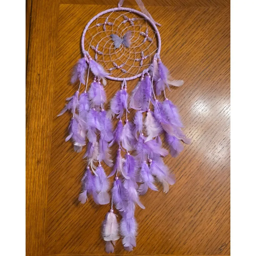 Lavender Butterfly Dreamcatcher - Purple Feathers & Crystal Bead Web Wall Decor